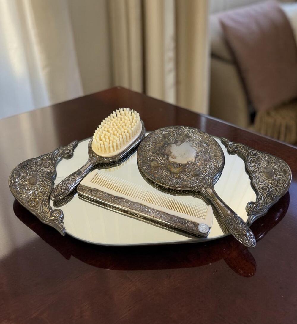Vintage GODINGER Silver Plate 4pc Mirrored Vanity Tray Brush Comb Hand Mirror